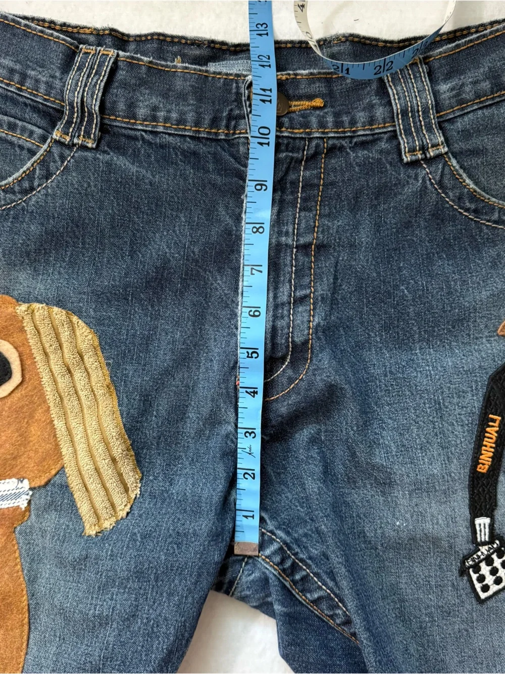 Upcycled Boho Jean Shorts Hand-Stitched Embroidered Puppy Patchwork Raw Hem Lg